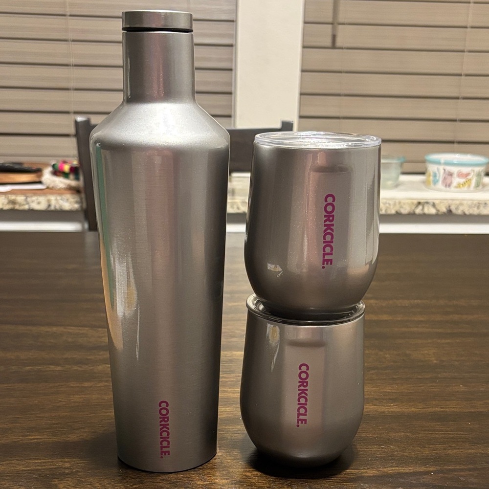 Corkcicle Silver Wine Canteen and Stemless Wine Glass Set-3 pieces